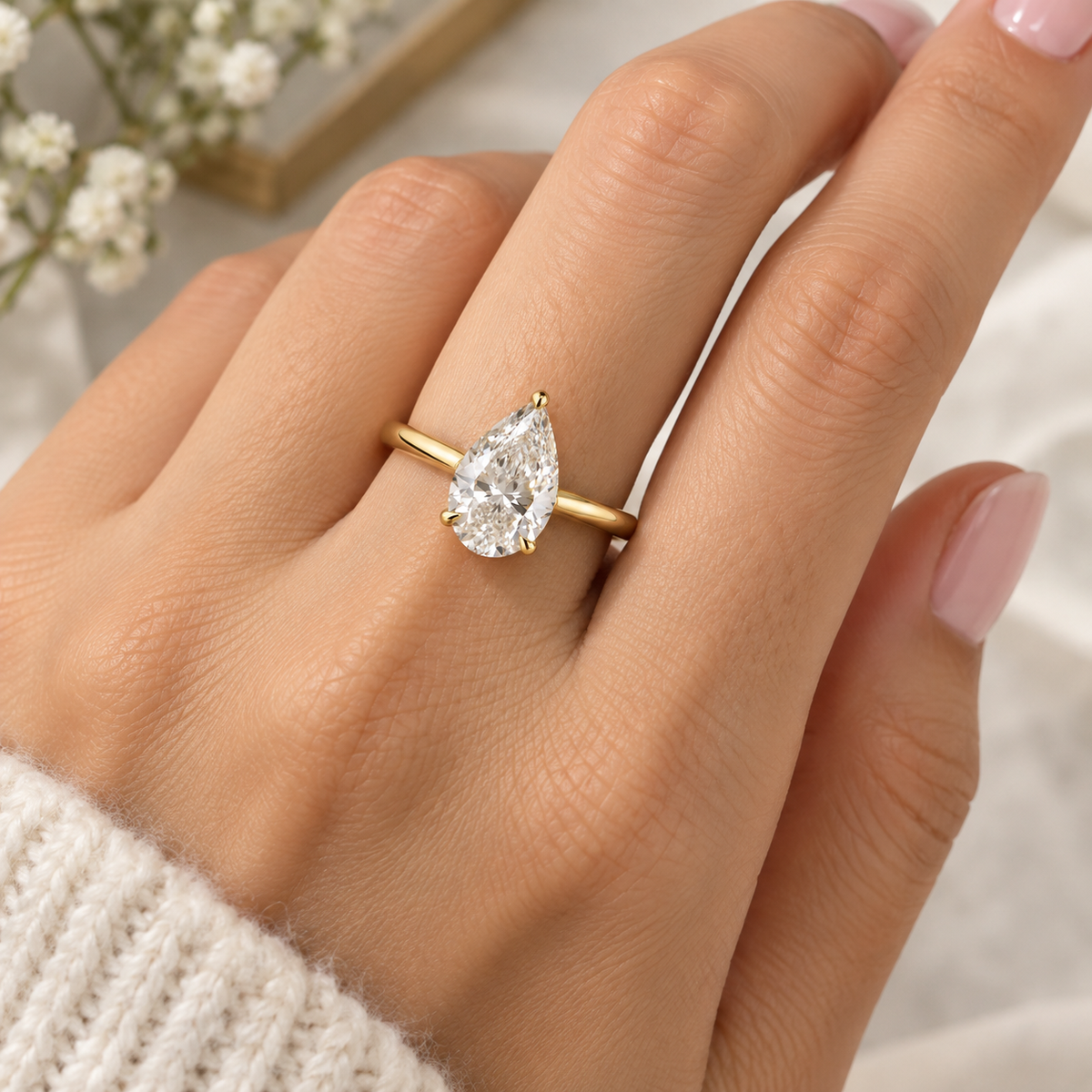 Pear Cut Lab Grown Diamond Solitaire Engagement Ring in 14K Yellow Gold