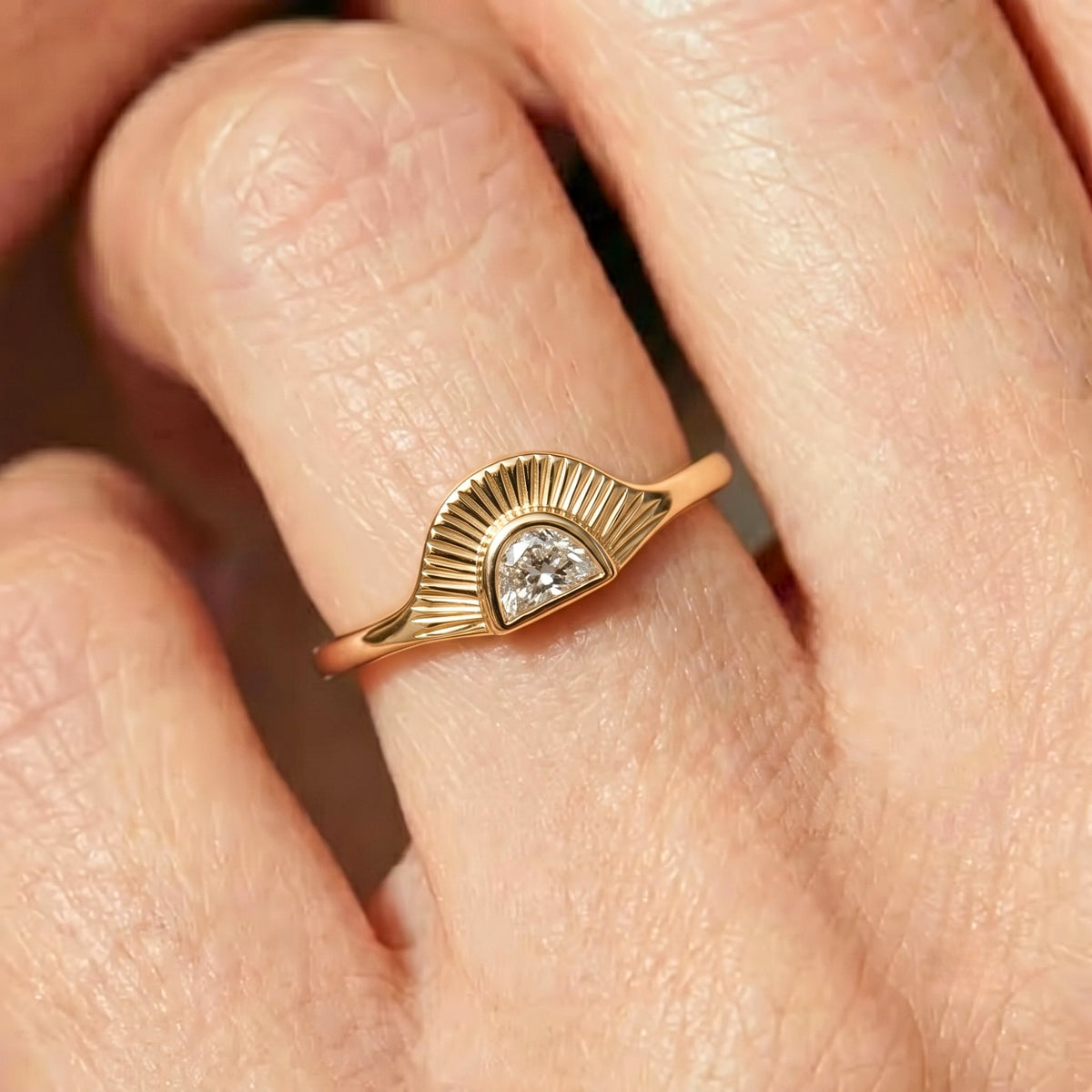 Lab Grown Diamond Half Moon Sunburst Bezel Set Solitaire Band in 14K Yellow Gold