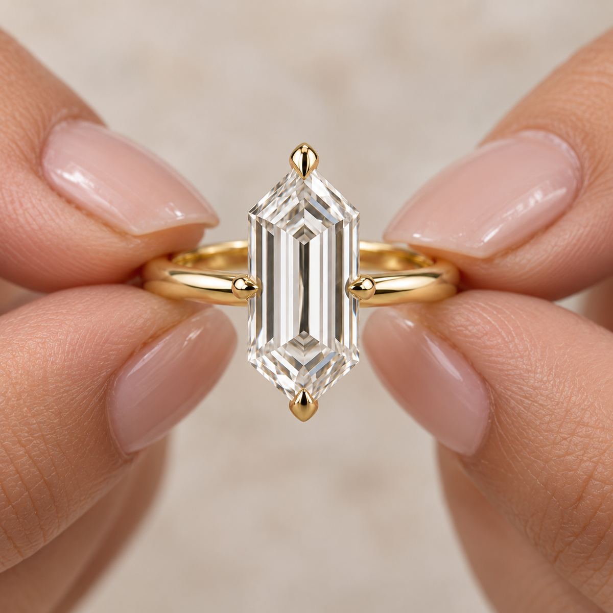 Lab Grown Diamond Elongated Hexagon Cut Solitaire Engagement Ring in 14K Yellow Gold