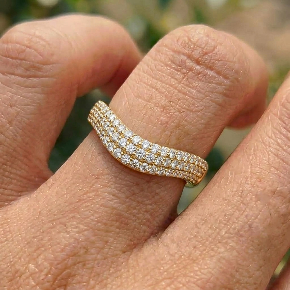 Lab Grown Diamond Triple Row Pave V Shaped Chevron Band Ring in 14K Yellow Gold