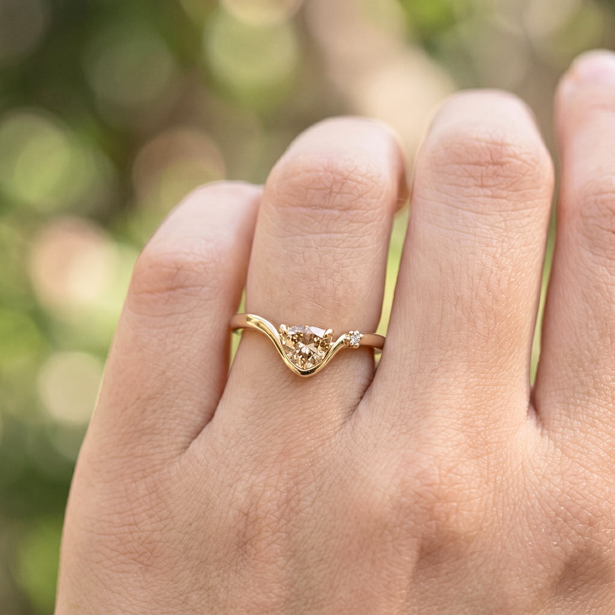 Lab Grown Diamond Uneven Cut Fancy Champagne Curved Chevron V-Band Engagement Ring with Side Accent IGI Certified in 14K Yellow Gold