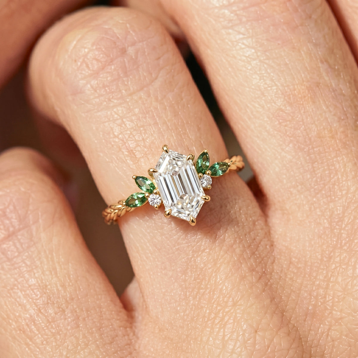 Lab Grown Diamond Elongated Hexagon Step Cut Twisted Braided Rope Engagement Ring with Green Marquise & Round Side Cluster IGI Certified in 14K Yellow Gold
