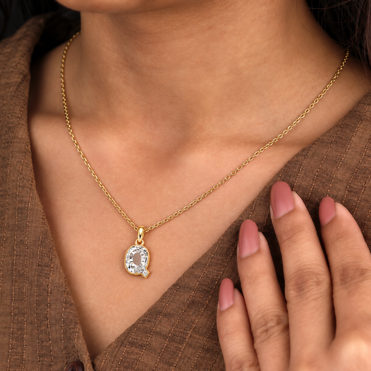 Lab Grown Diamond Alphabet Q Cut Initial Pendant Necklace IGI Certified in 14K Yellow Gold