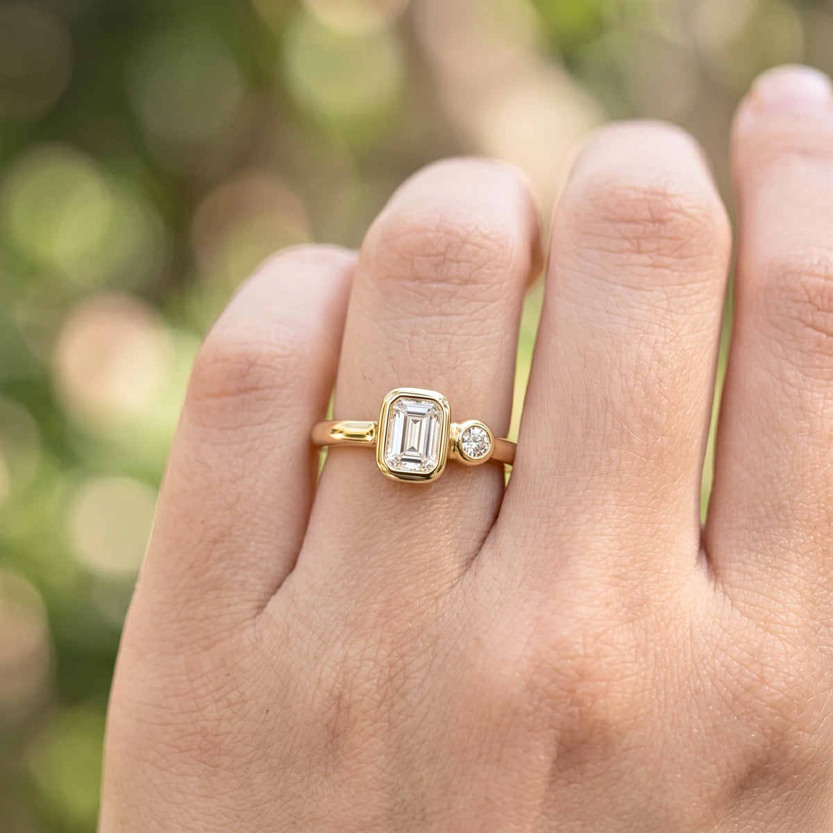 Lab Grown Diamond Elongated Emerald Cut Floating Bezel Curved Wave Nested Band Baguette Accent Engagement Ring IGI Certified in 14K Yellow Gold (Copy)
