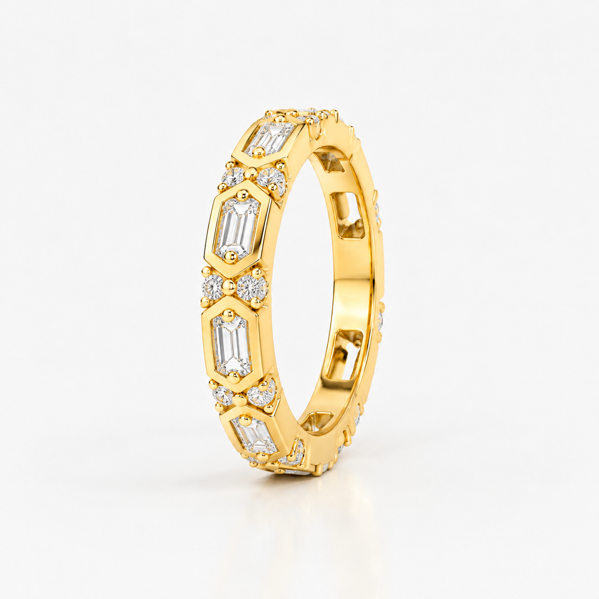 Lab Grown Diamond Geometric Hexagon Baguette Eternity Band Ring in White Gold