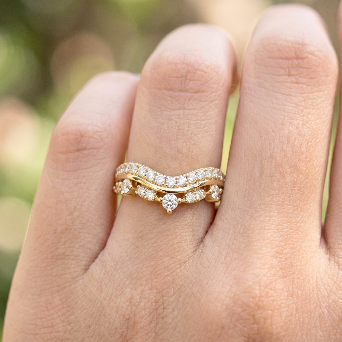 Lab Grown Diamond   Curved Chevron Pave Wedding Band with Round Diamond Accents in 14K Yellow   Gold