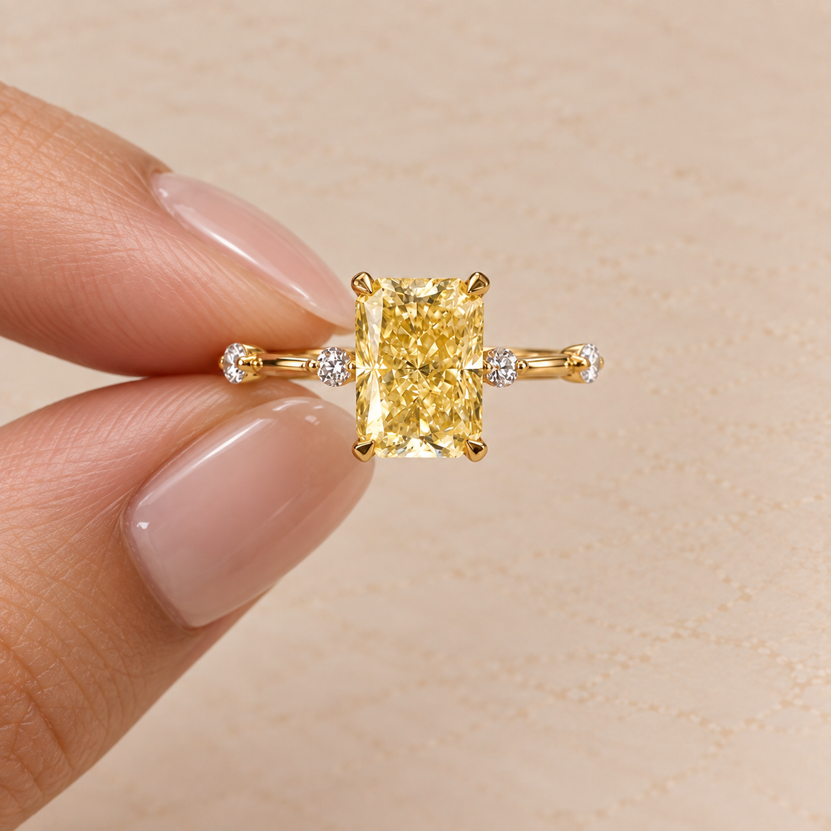 Lab Grown Fancy Yellow Radiant Cut Diamond Solitaire Engagement Ring with Round Diamond Side Accents in 14K Yellow Gold