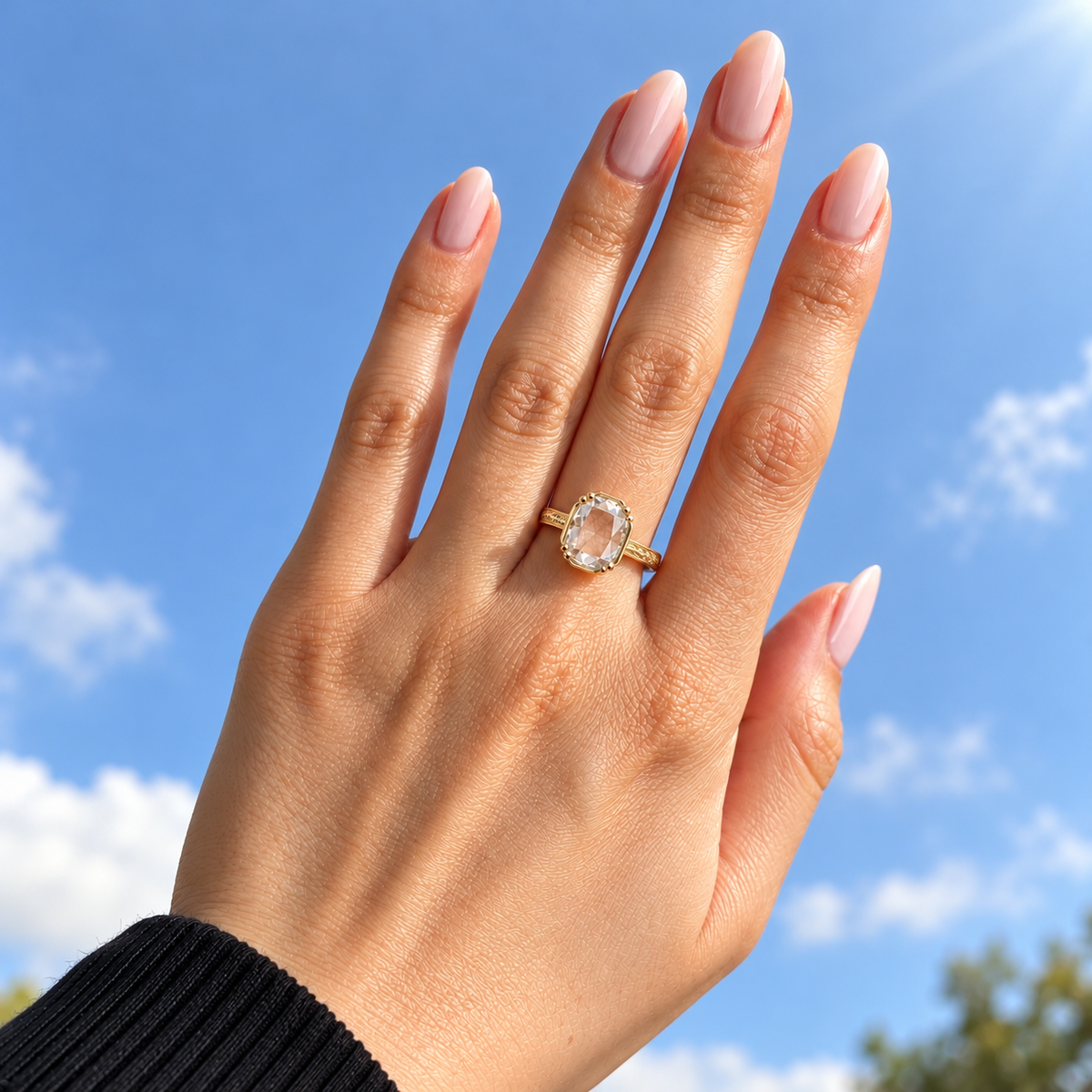 Lab Grown Diamond Elongated Cushion Portrait Cut Lab Grown Diamond Vintage Solitaire Engagement Ring with Ornate Leaf Engraved Band, Milgrain Detailing and Decorative Prong Setting in 14K Yellow Gold