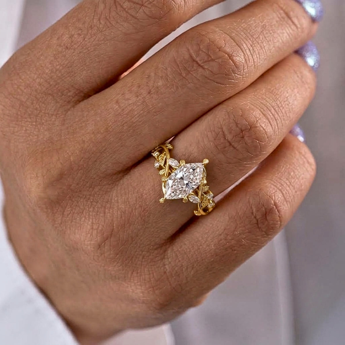 Lab Grown Diamond Dutch Marquise Cut with Marquise & Round Diamond Side Accents in Nature-Inspired Vine Band Engagement Ring IGI Certified in 14K Yellow Gold
