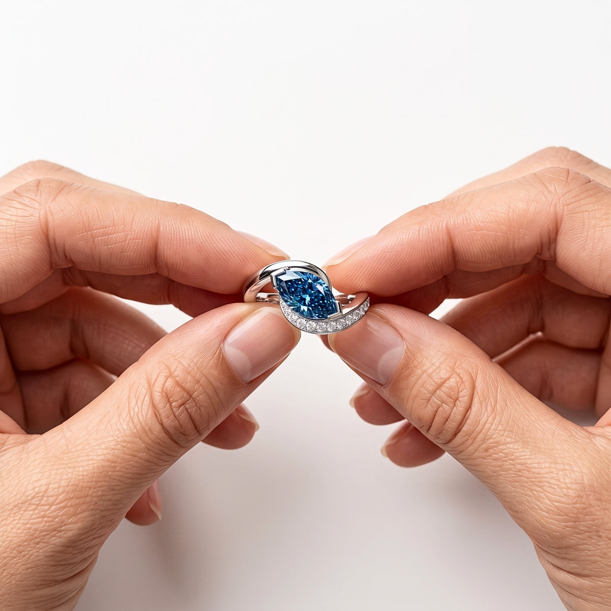 Lab Grown Diamond Fancy Blue Marquise Cut Swirl Bypass Half-Pavé Engagement Ring IGI Certified in 14K Yellow Gold
