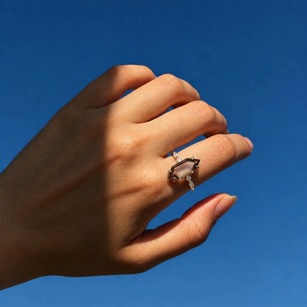 Lab Grown Diamond Champagne Elongated Hexagon Portrait Cut Marquise Side Accent Band Engagement Ring IGI Certified in 14K Yellow Gold