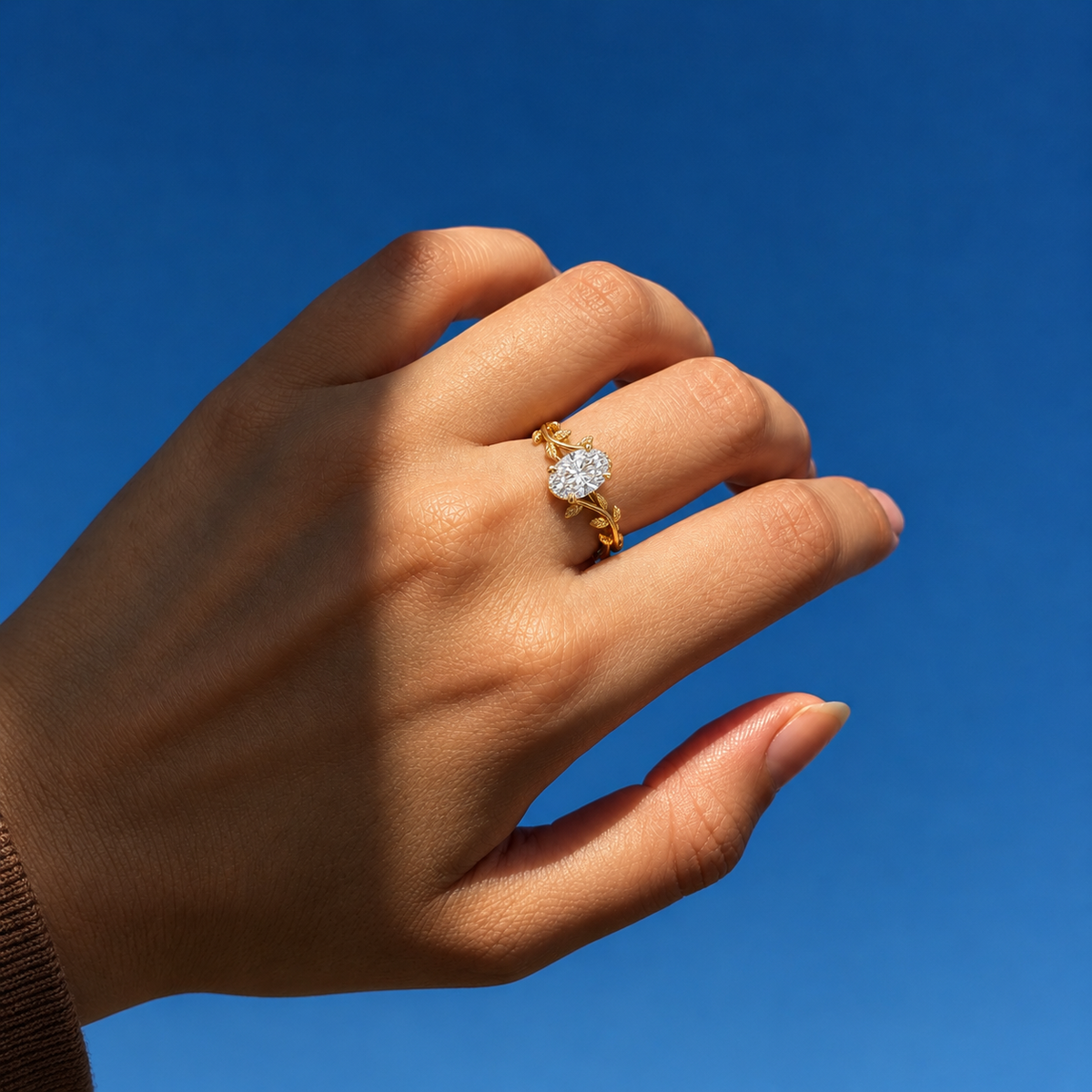 Oval Cut Diamond Vine Leaf Engagement Ring in 14K Yellow Gold