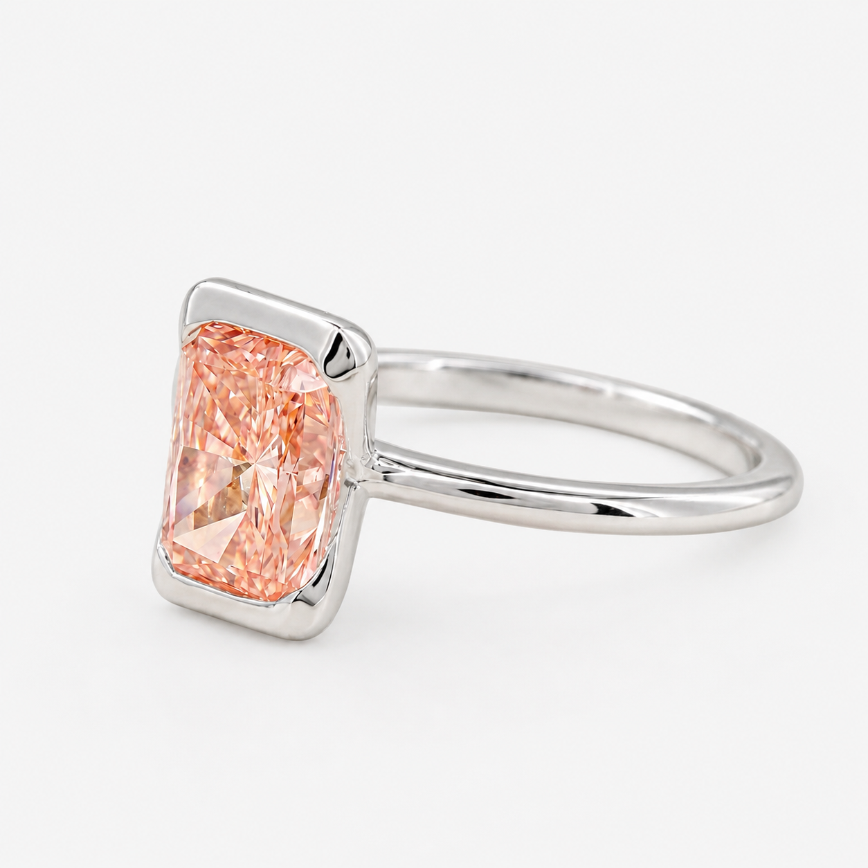 Lab Grown Diamond Fancy Pinkish Peach Radiant Cut Half Bezel Floating Frame Solitaire Engagement Ring IGI Certified in 14K Yellow Gold