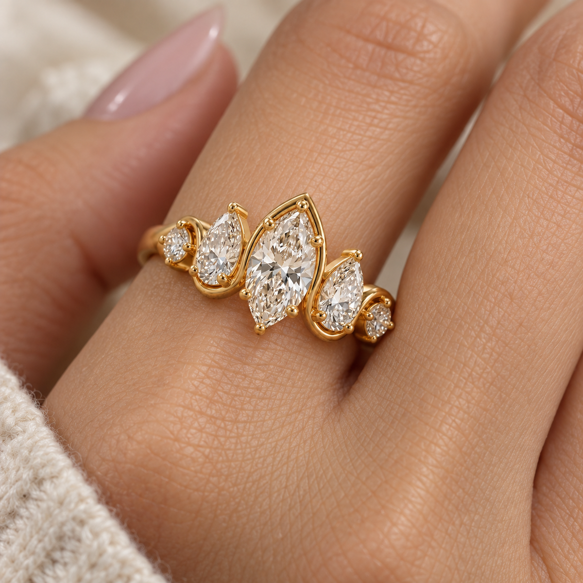 Marquise Cut Lab Grown Diamond Five Stone Engagement Ring in 14K Yellow Gold