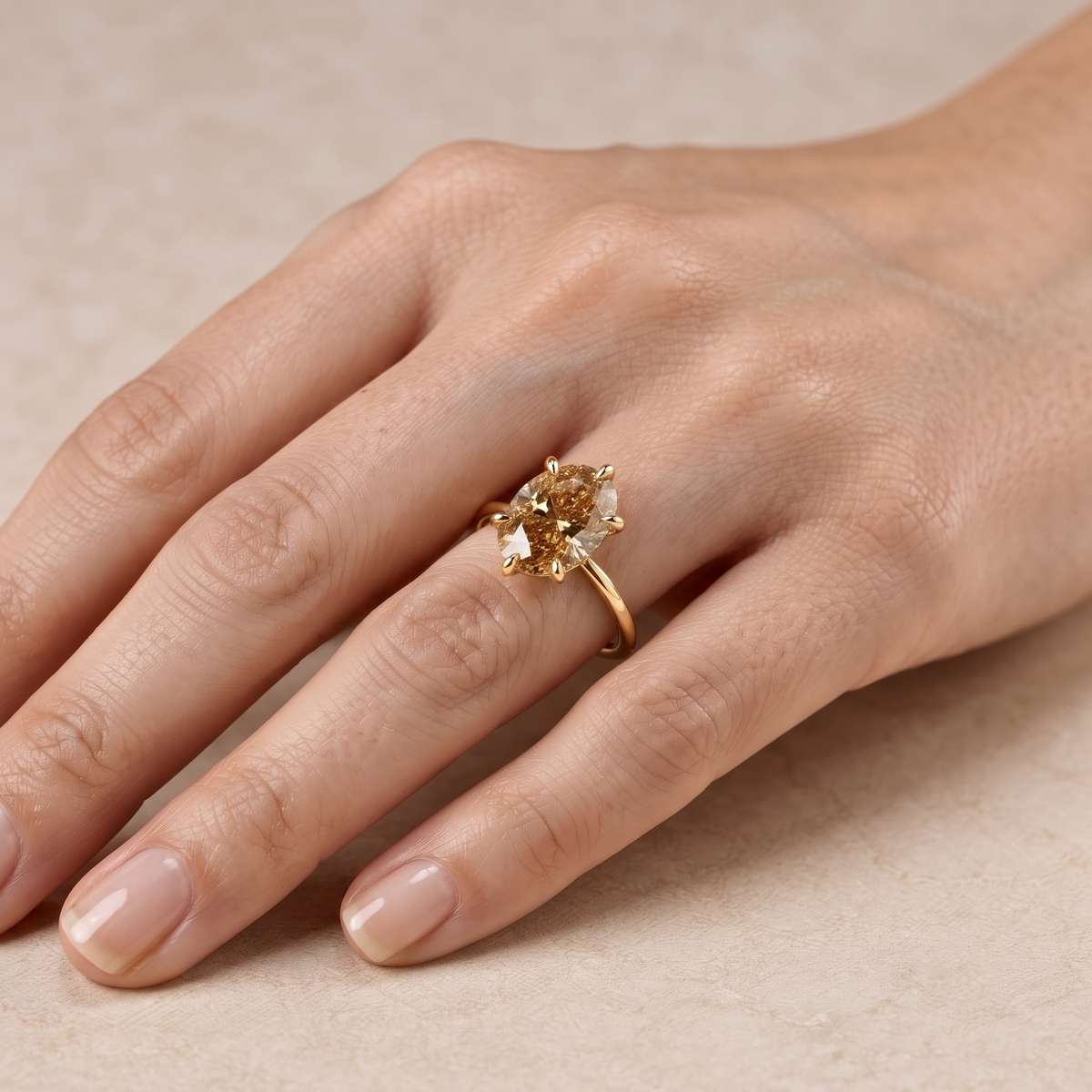 Oval Cut Fancy Champagne  Diamond Solitaire Engagement   Ring in 14K Yellow Gold
