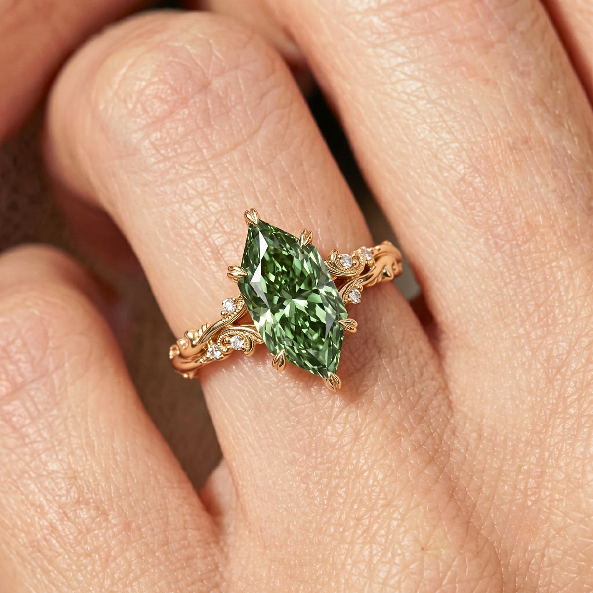 Lab Grown Diamond Green Dutch Marquise Cut with Round Diamond Side Accents in Nature-Inspired Vine Engraved Band Engagement Ring IGI Certified in 14K Yellow Gold