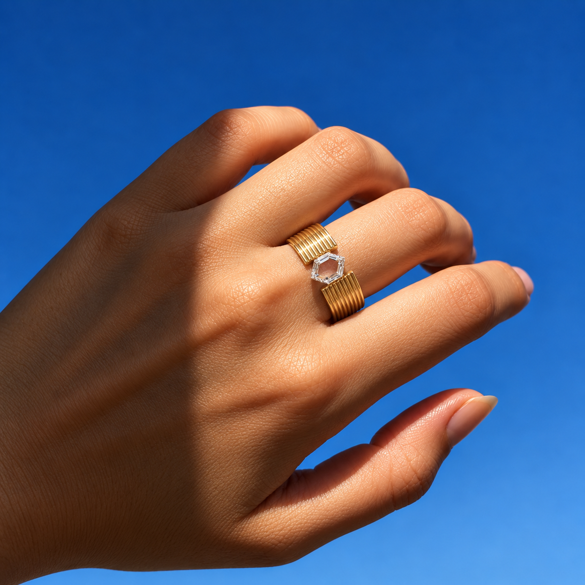 Lab Grown Diamond Hexagon Shaped  Portrait Cut Lab Grown Diamond Statement Ring with Wide Ribbed Cigar Band in 14K Yellow Gold