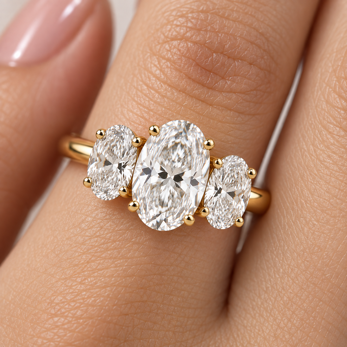 Lab Grown Diamond Oval Cut Three Stone Engagement Ring with Oval Side Stones in 14K Yellow Gold