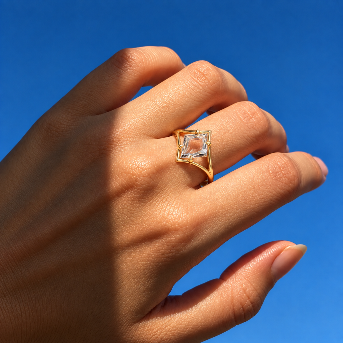 Lab Grown Diamond Square Portrait Point-Set Geometric Floating Frame Solitaire Engagement Ring IGI Certified in 14K Yellow Gold