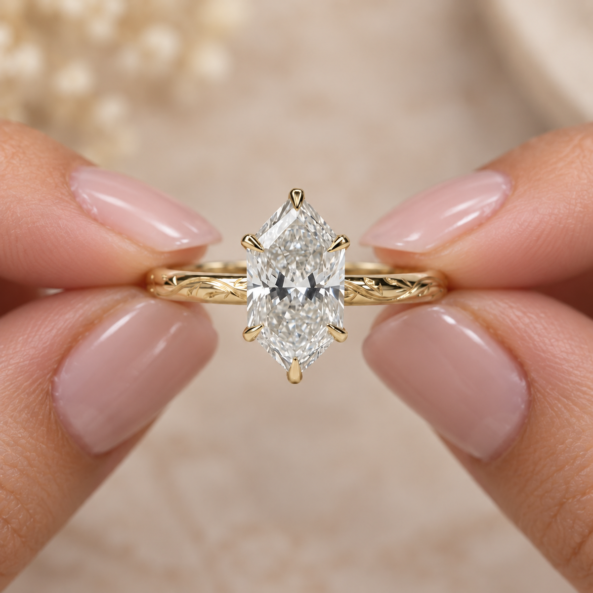Hexagon Cut Lab Grown Diamond Vintage Floral Engagement Ring in 14K Yellow Gold