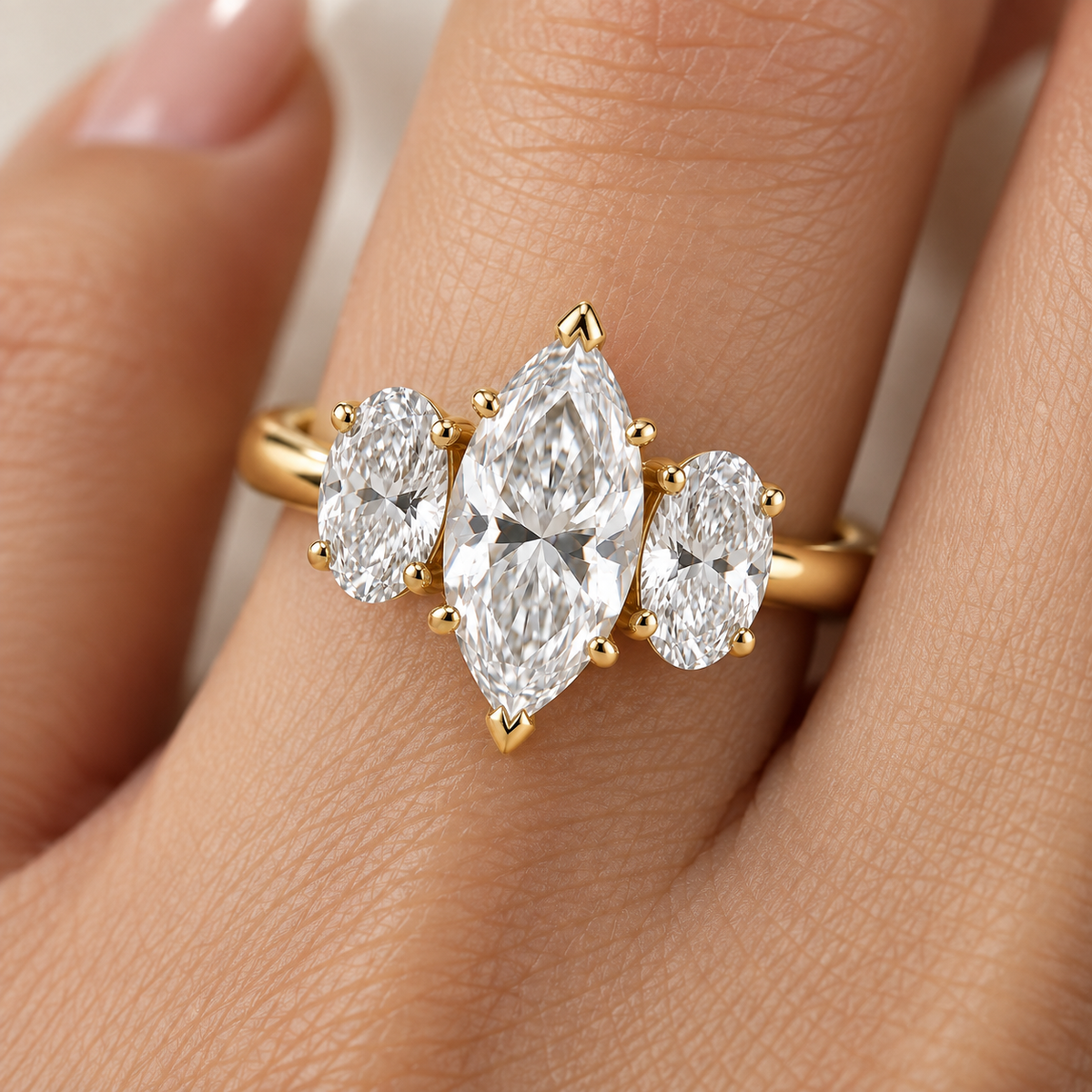 Lab Grown Diamond Marquise Cut Three Stone Engagement Ring with Oval Side Stones in 14K Yellow   Gold (Copy)