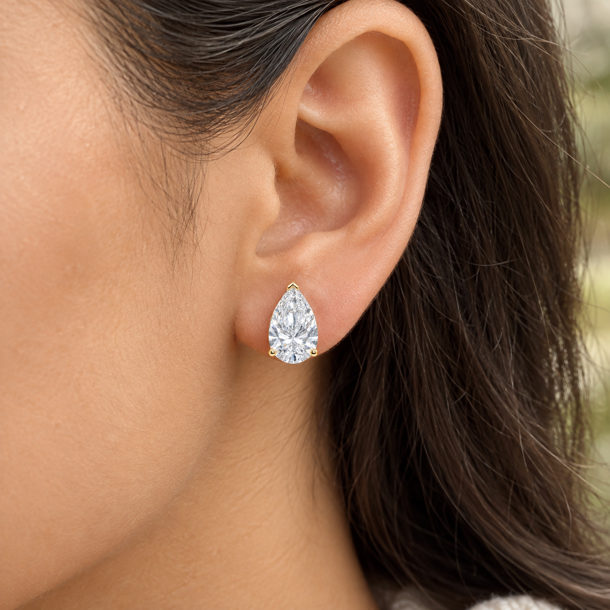 Lab Grown Diamond Pear Cut Three-Prong V-Cap Setting Stud Earrings IGI Certified in 14K Yellow Gold
