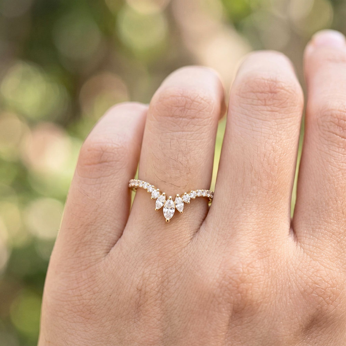 Lab Grown Diamond   Marquise and Pear Cut Chevron Wedding Band with Pave Diamond Accents in 14K   Yellow Gold