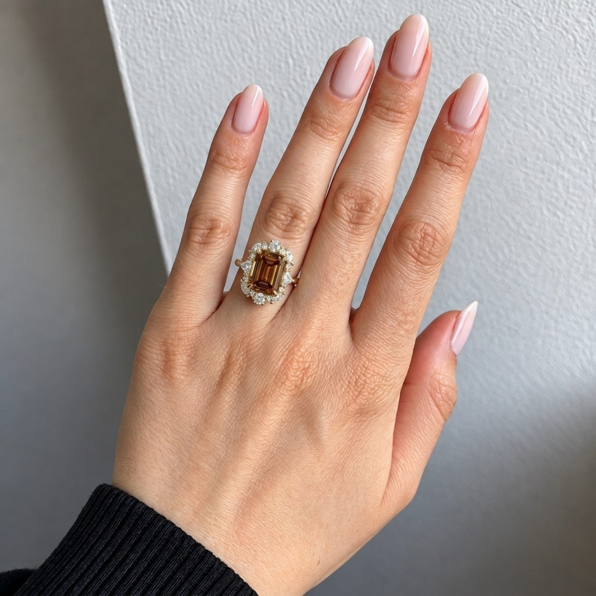 Lab Grown Diamond Fancy Cognac Champagne Emerald Cut Vintage Floral Cluster Halo Engagement Ring IGI Certified in 14K Yellow Gold