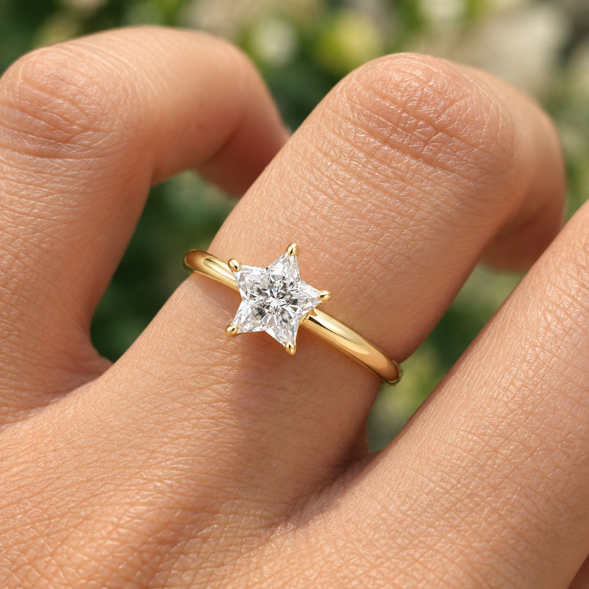 Lab Grown Diamond Star Cut Solitaire Engagement Ring IGI Certified in 14K Yellow Gold