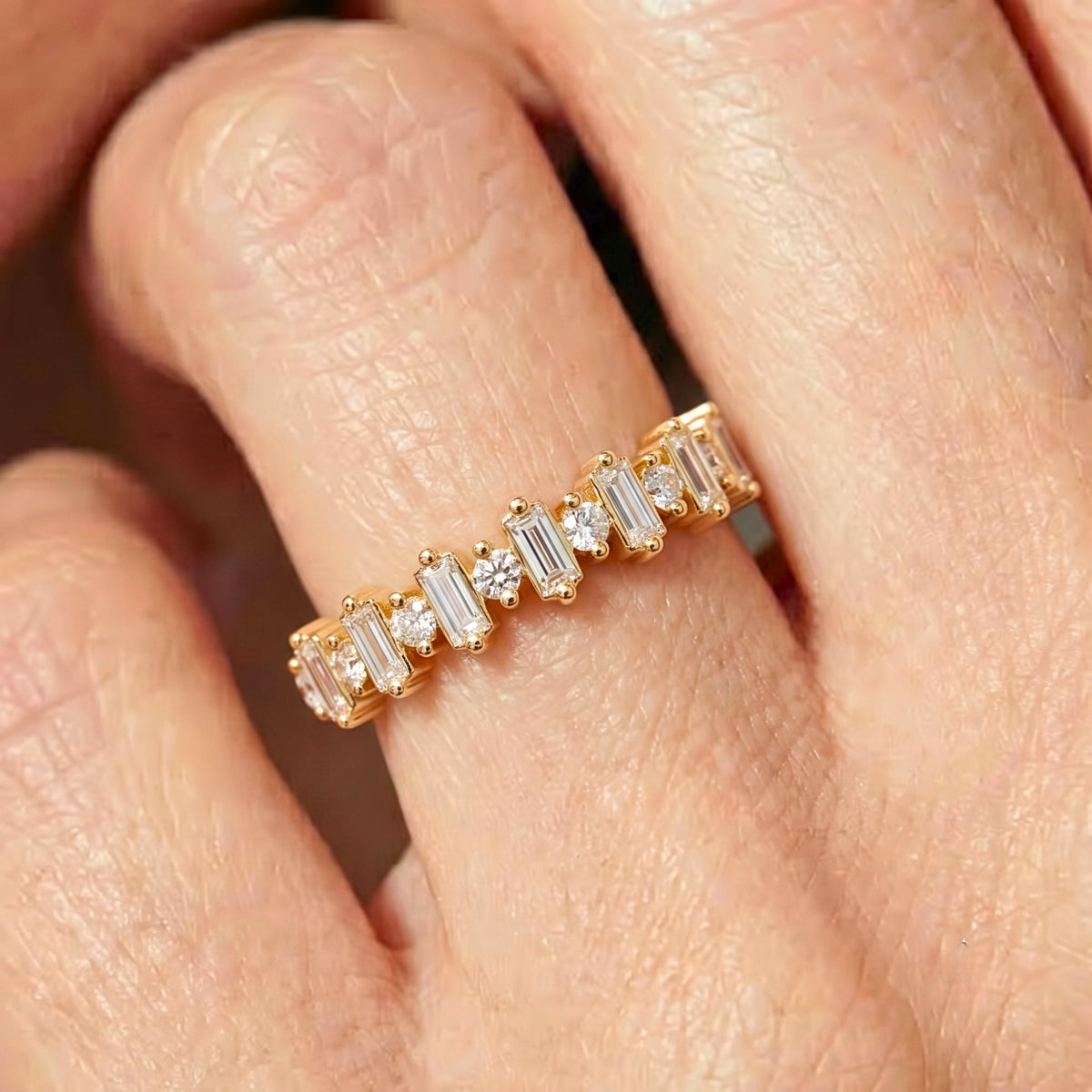 Lab Grown Diamond Half Moon Sunburst Bezel Set Solitaire Band in 14K Yellow Gold