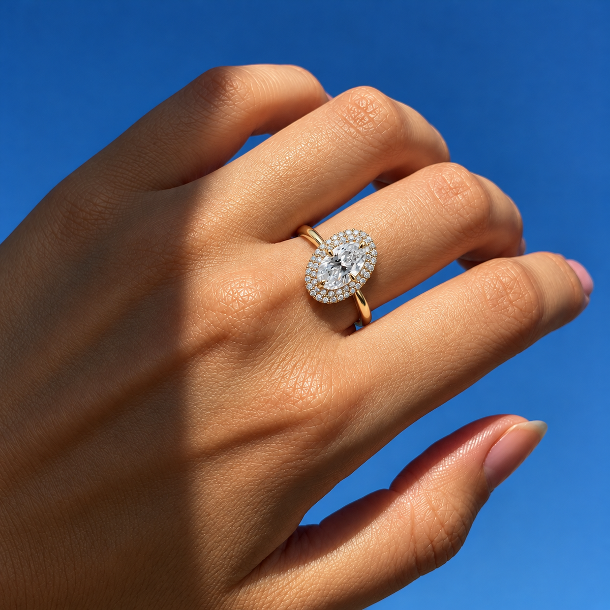 Oval Cut Halo Lab Grown Diamond Engagement Ring in 14K Yellow Gold