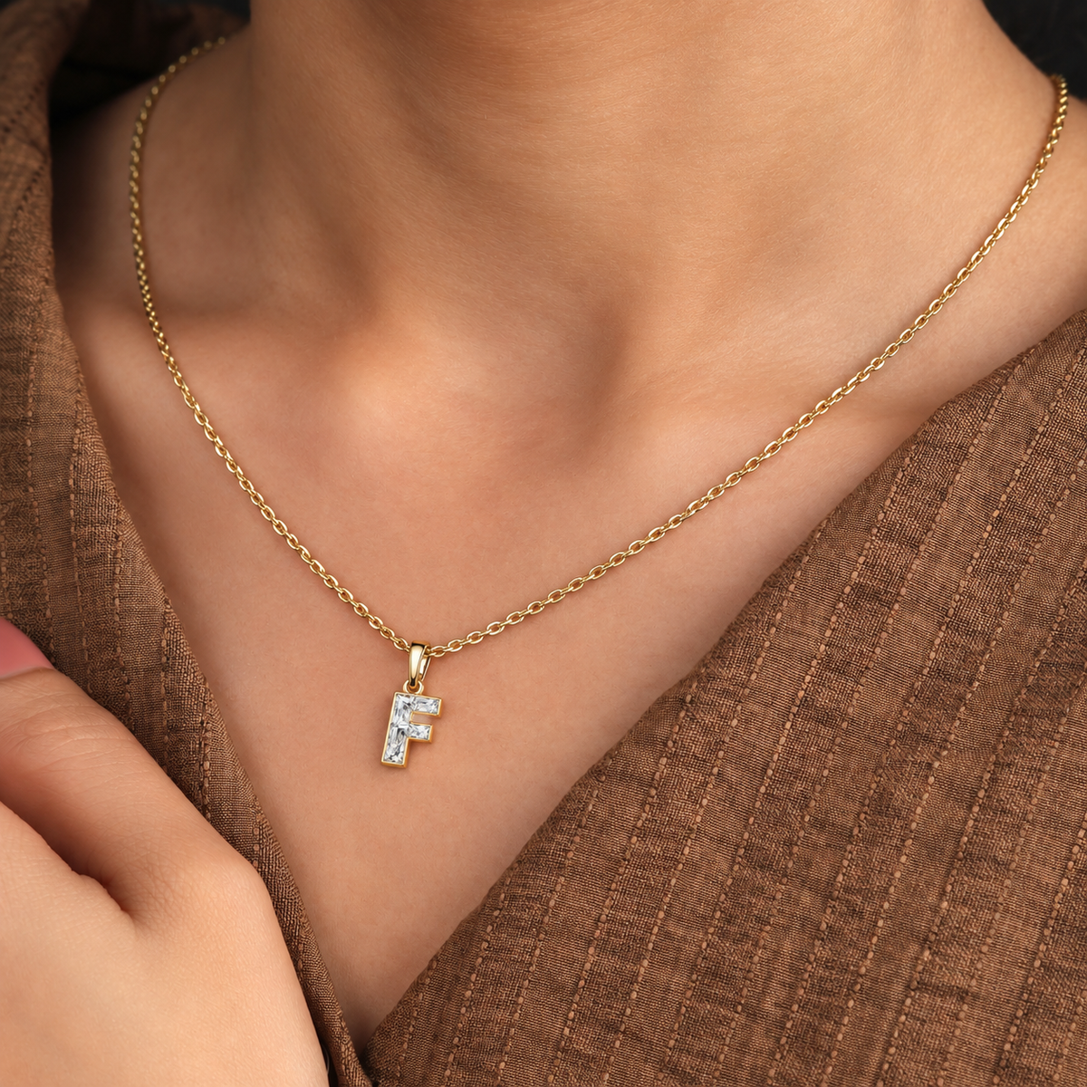 Lab Grown Diamond Alphabet F Cut Initial Pendant Necklace IGI Certified in 14K Yellow Gold