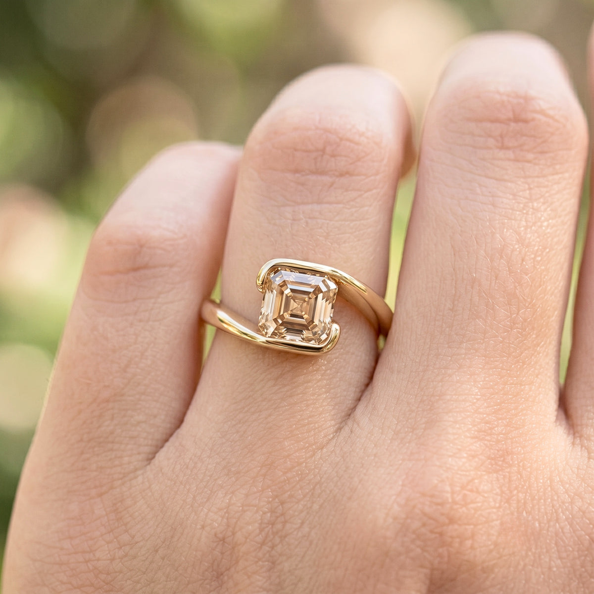Lab Grown Diamond Asscher Cut Champagne Solitaire Engagement Ring with Sculptural Bypass Band IGI Certified in 14K Yellow Gold (Copy)