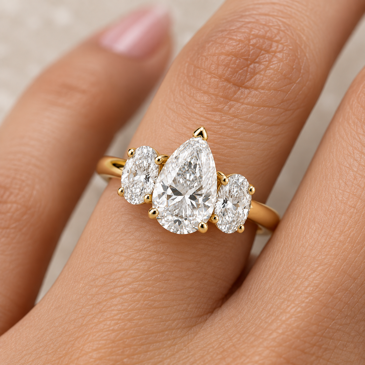 Lab Grown Diamond Pear Cut Three Stone Engagement Ring with Oval Side Stones in 14K Yellow Gold