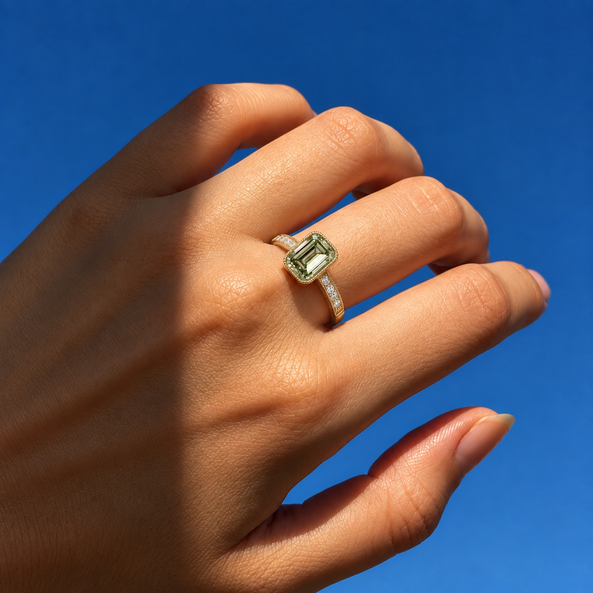 Lab Grown Diamond Emerald Cut Olive Green Lab Grown Diamond Vintage Milgrain Bezel Set Engagement Ring with Pavé Diamond Band in 14K Yellow Gold