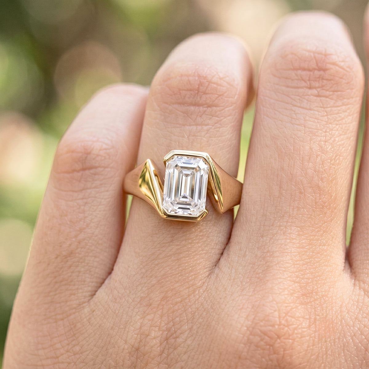 Lab Grown Diamond Emerald Cut Sculptural Bezel Bypass Engagement Ring IGI Certified in 14K Yellow Gold
