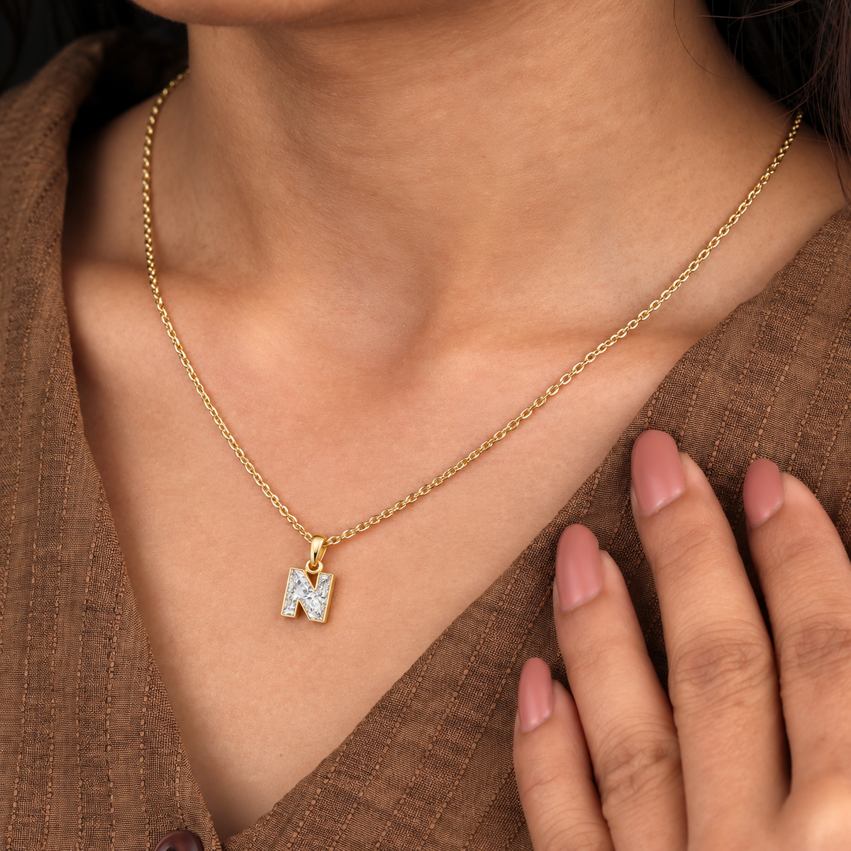 Lab Grown Diamond Alphabet N Cut Initial Pendant Necklace IGI Certified in 14K Yellow Gold