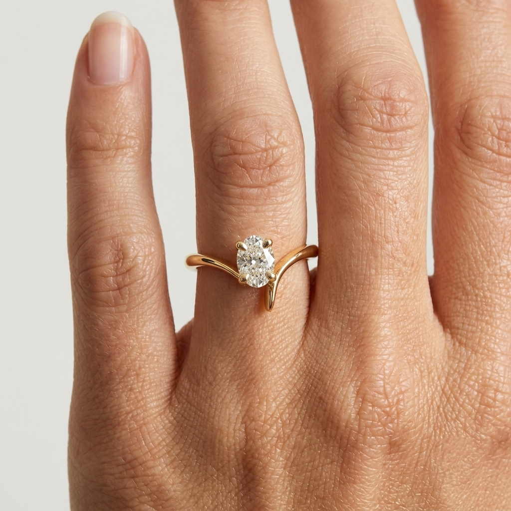 Lab Grown Diamond Oval Cut Chevron Curved Solitaire Engagement Ring IGI Certified in 14K Yellow Gold