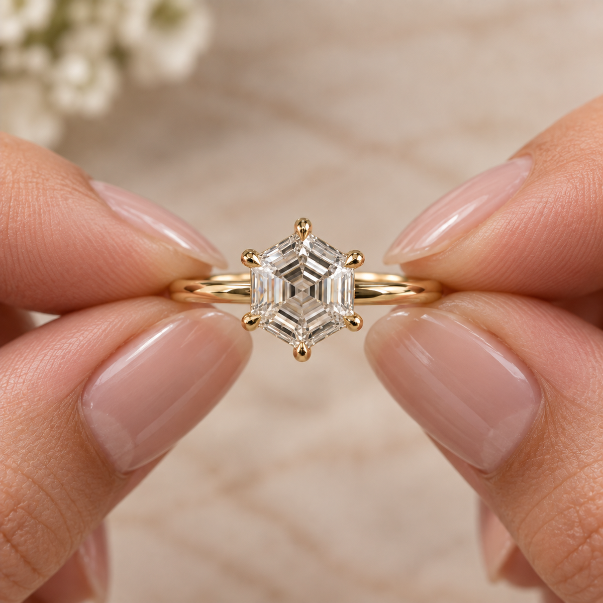 Hexagon Cut Lab Grown Diamond Solitaire Engagement Ring in 14K Yellow Gold