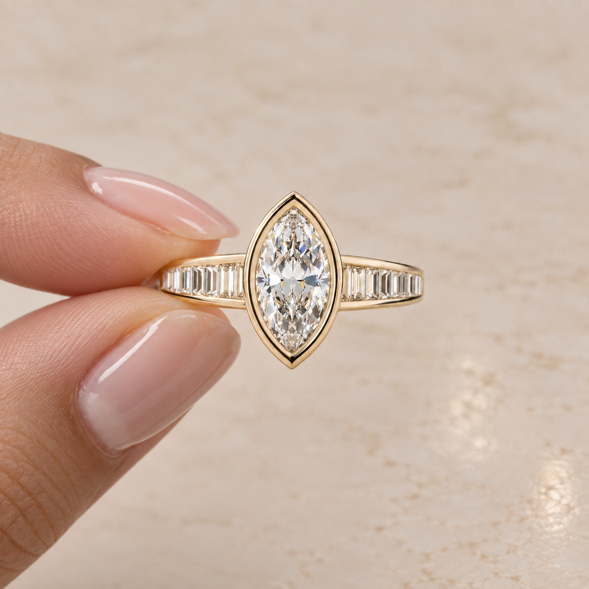 Lab Grown Diamond Marquise Cut Bezel Set Engagement Ring with Baguette Diamond Half Eternity Band in 14K Yellow Gold