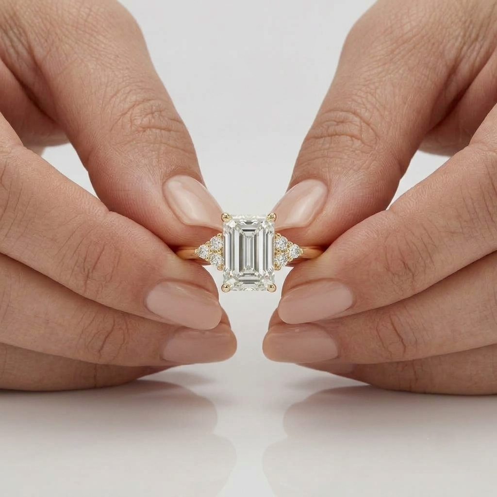 Lab Grown Diamond  Emerald Cut Cluster Side Stone Engagement Ring IGI Certified in 14K Yellow Gold