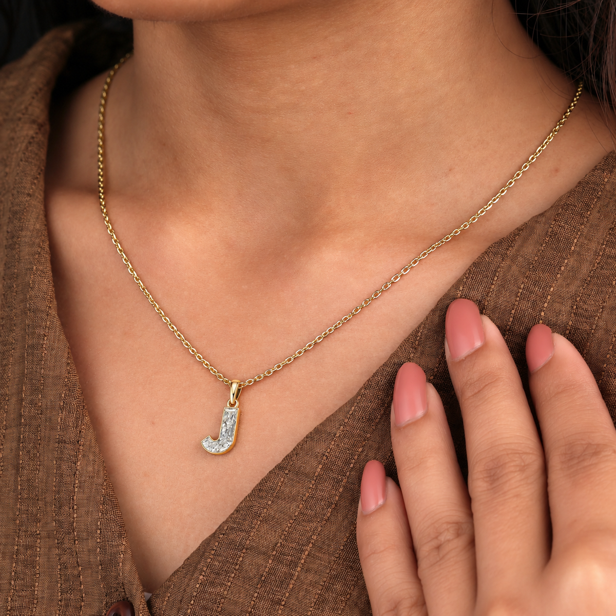 Lab Grown Diamond Alphabet J Cut Initial Pendant Necklace IGI Certified in 14K Yellow Gold