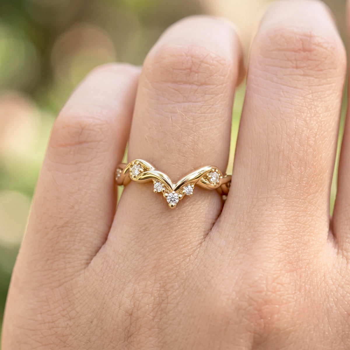 Lab Grown Diamond V-Shaped Chevron Wedding Band with Sculptural Gold Design and Round Diamond Accents in 14K Yellow Gold