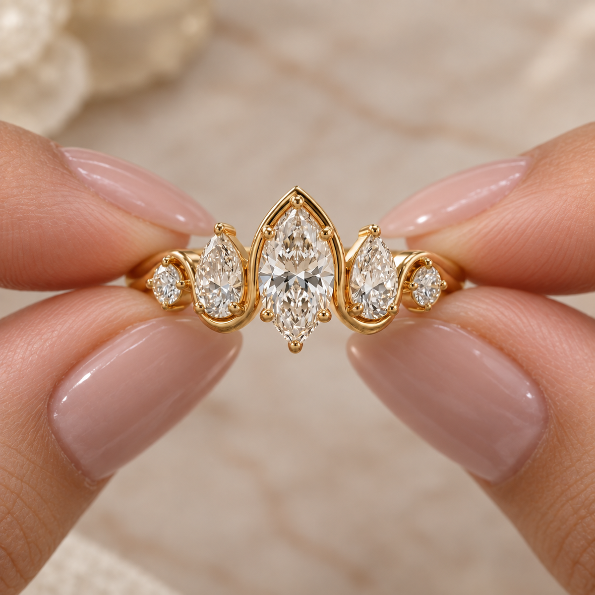 Marquise Cut Lab Grown Diamond Five Stone Engagement Ring in 14K Yellow Gold