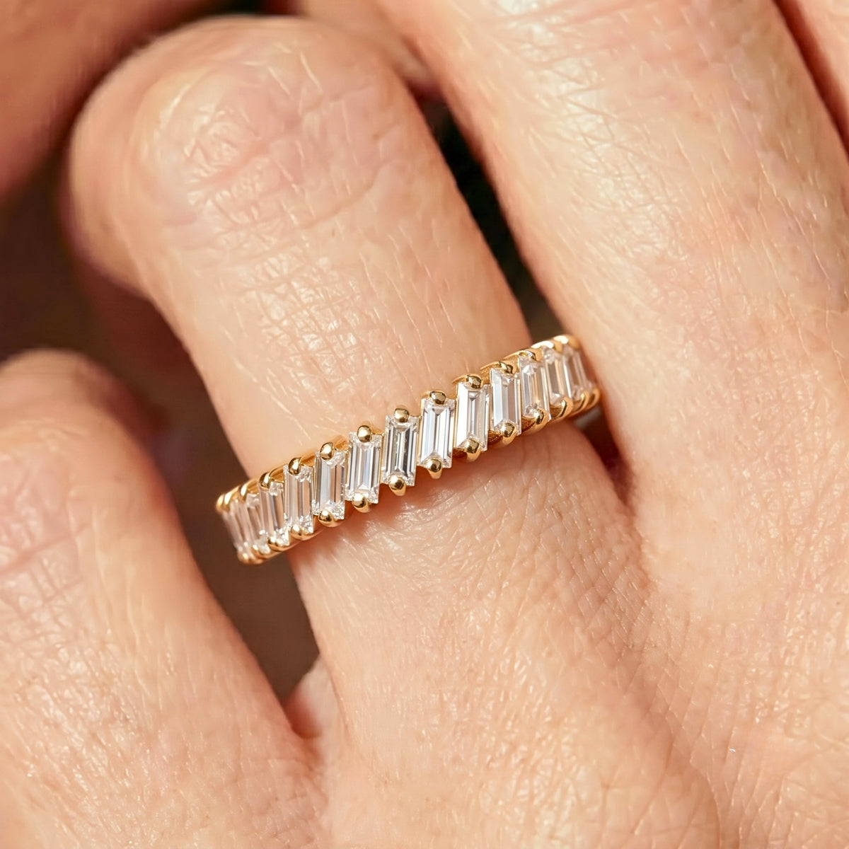 Lab Grown Diamond   Emerald Cut Half Eternity Wedding Band with Channel Style Setting in 14K   Yellow Gold