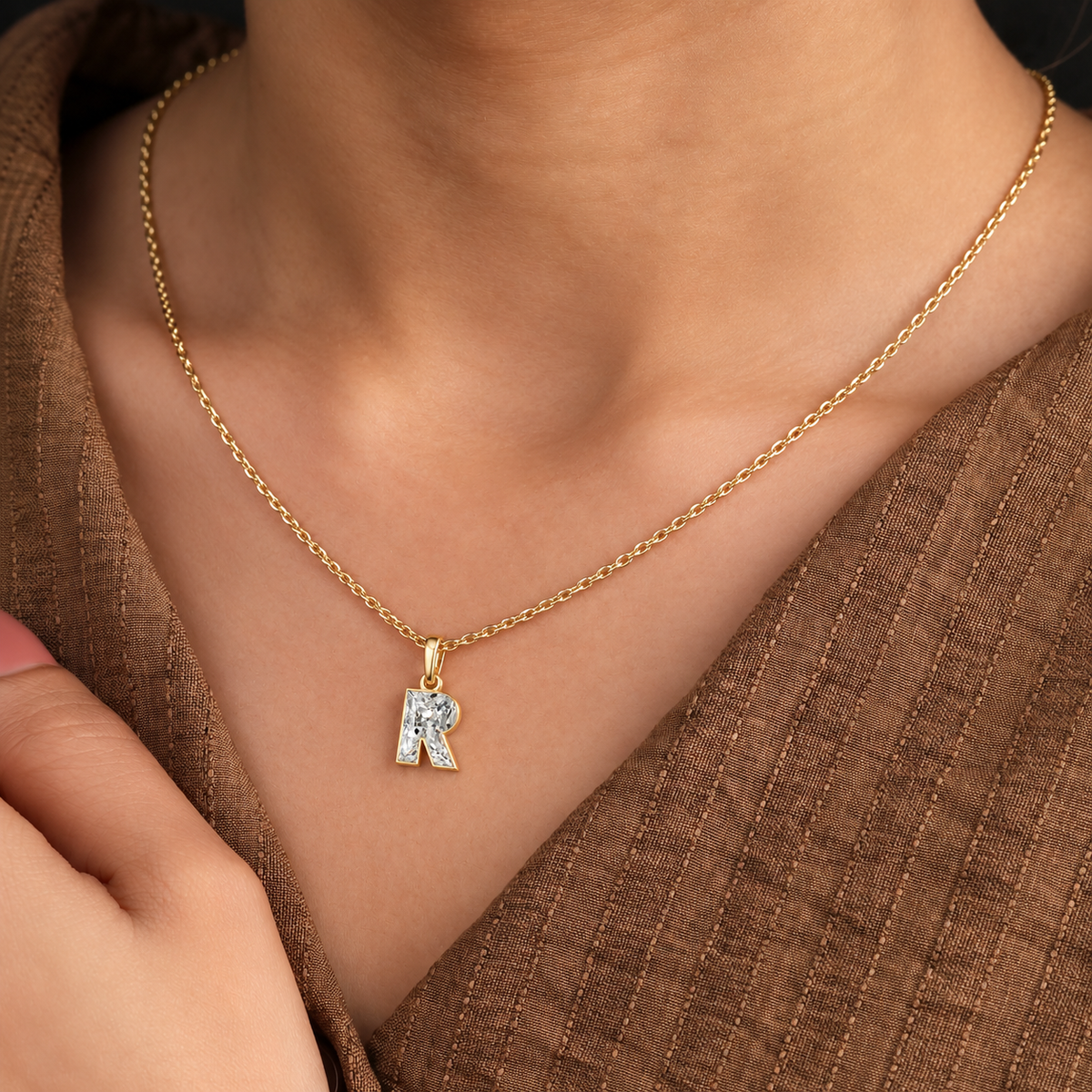 Lab Grown Diamond Alphabet R Cut Initial Pendant Necklace IGI Certified in 14K Yellow Gold