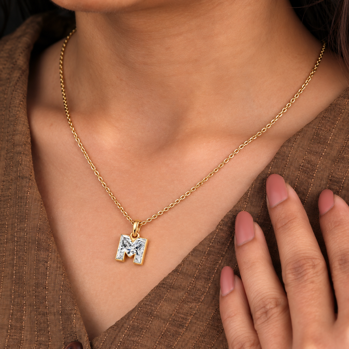 Lab Grown Diamond Alphabet M Cut Initial Pendant Necklace IGI Certified in 14K Yellow Gold