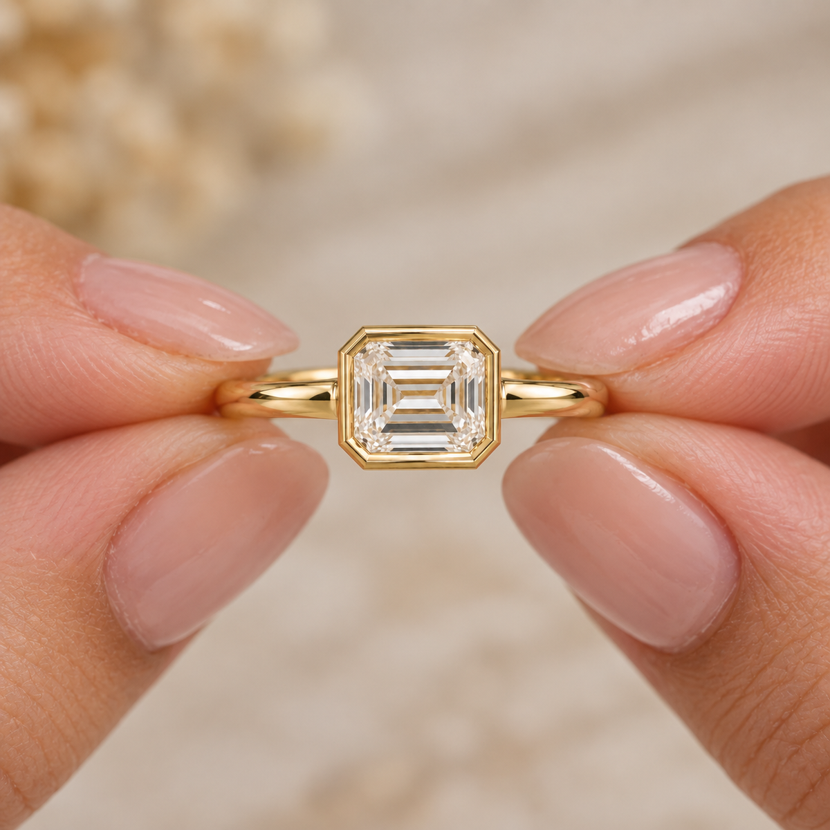 Asscher Cut Lab Grown Diamond Bezel Engagement Ring in 14K Yellow Gold