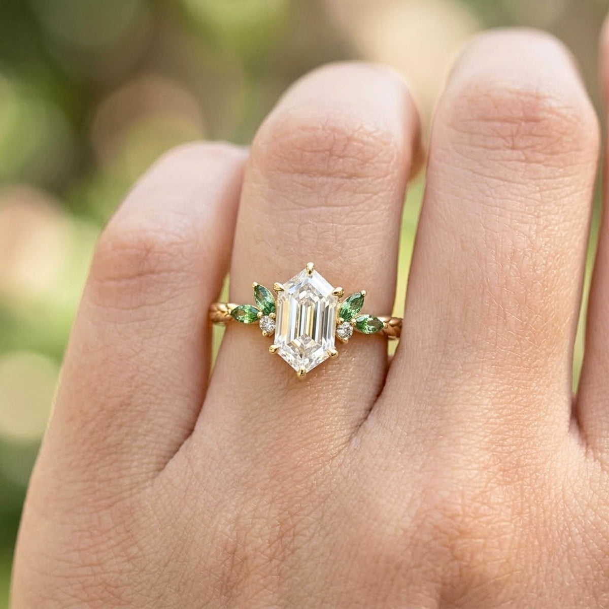 Lab Grown Diamond Elongated Hexagon Step Cut Twisted Braided Rope Engagement Ring with Green Marquise & Round Side Cluster IGI Certified in 14K Yellow Gold