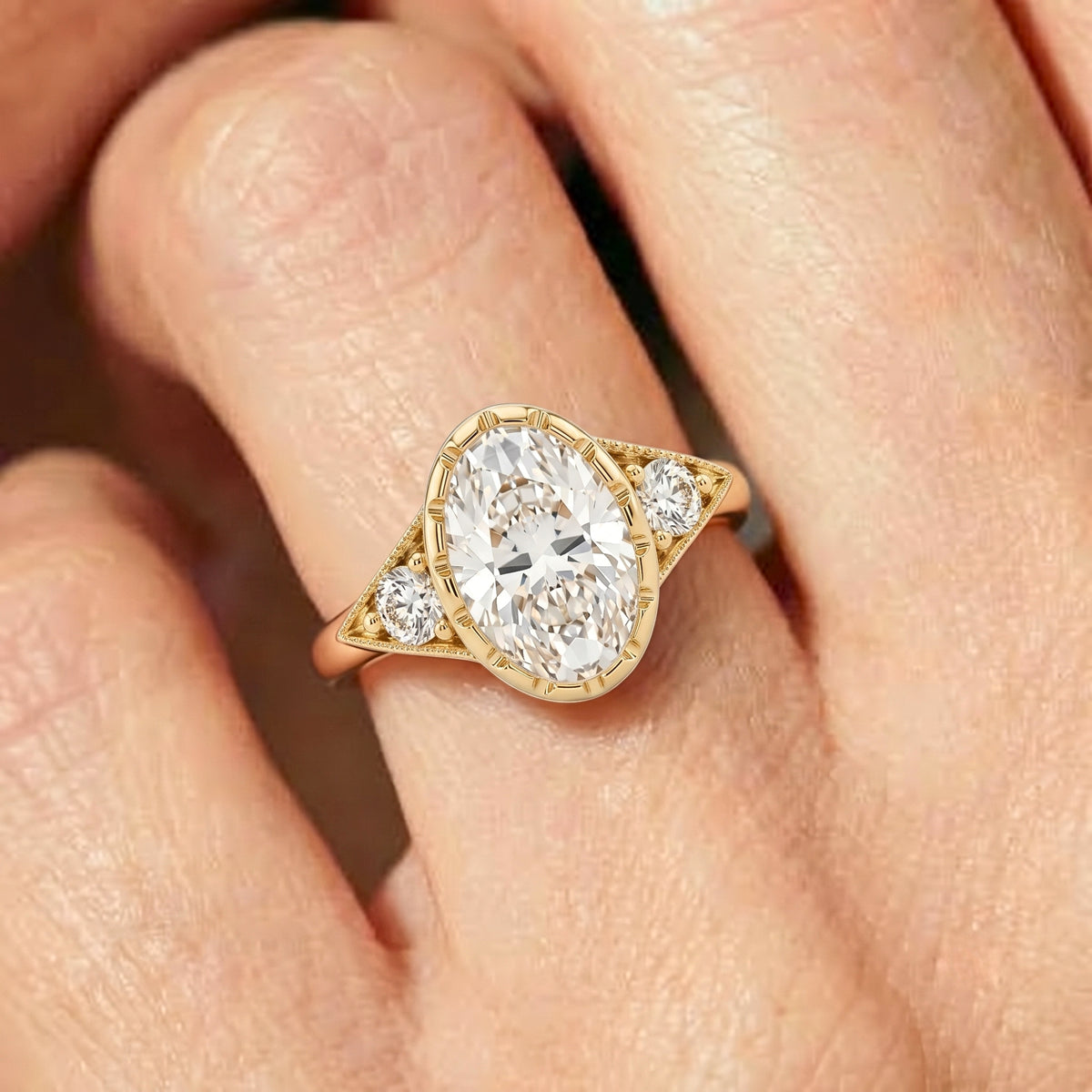 Lab Grown Diamond Oval Cut Vintage Milgrain Bezel Three-Stone Engagement Ring with Round Side Accents IGI Certified in 14K Yellow Gold